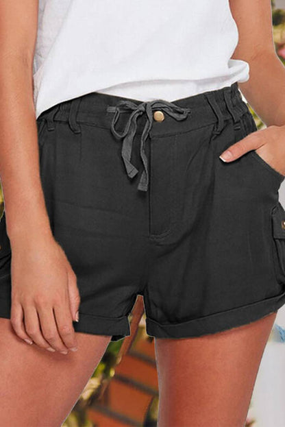 Mid Waist Pocket Drawstring Buttons Straight Leg Shorts