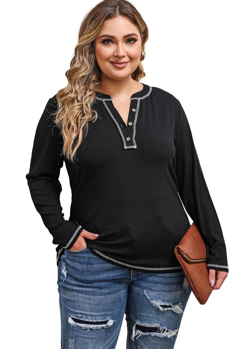 Plus Size Contrasting Topstitch Ribbed Henley Top