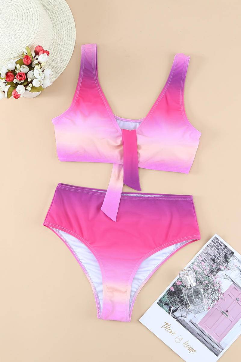 Ombre Color Knotted V Neck Bikini Swimsuit