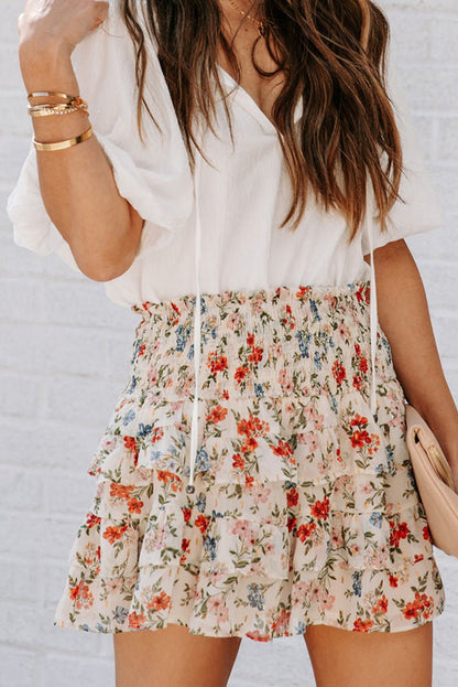 Smocked High Waist Ruffle Tiered Floral Skirt