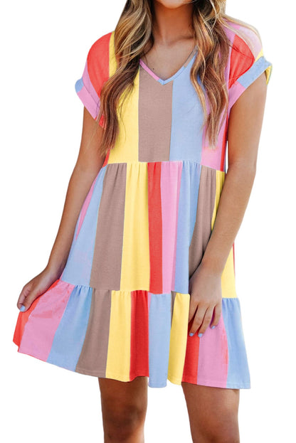 Striped Color Block Tiered Mini Dress