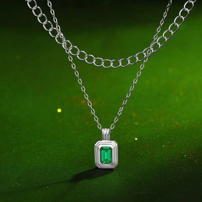Green Octagon-Shaped 925 Sterling Silver Pendant Necklace