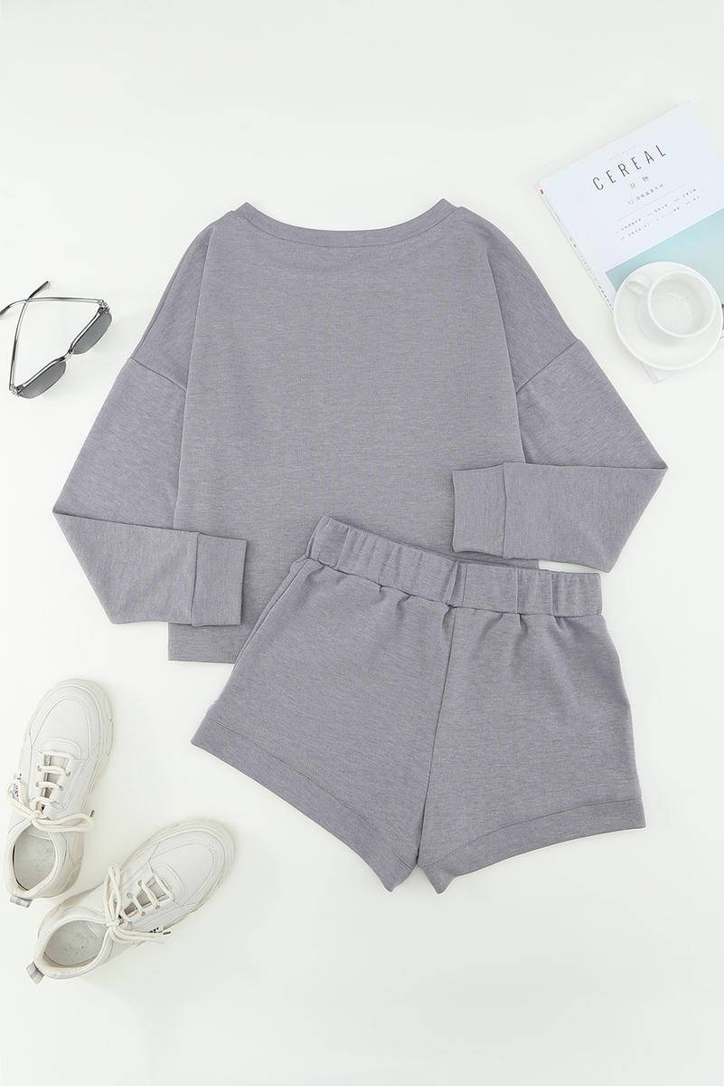 Ribbed Knit Drop-Shoulder Sleeve Top And Shorts Two Piece Set