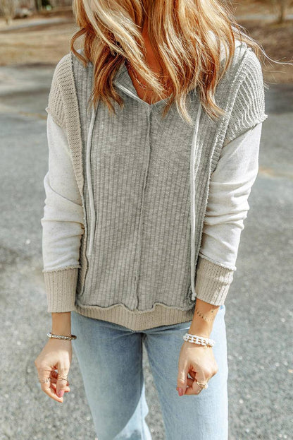 Long Sleeve Textured Knit Patchwork Hoodie