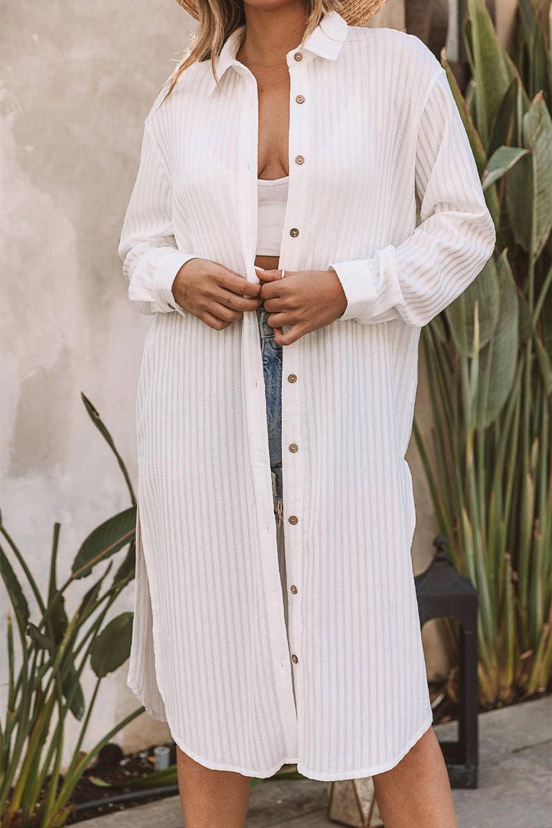 Striped Crinkle Button Front Cover Up Shirt Dress