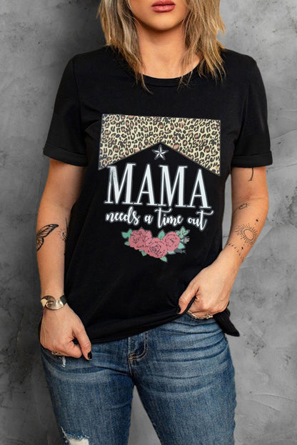 Black Mama Needs A Time Out Leopard Rose Graphic Tee