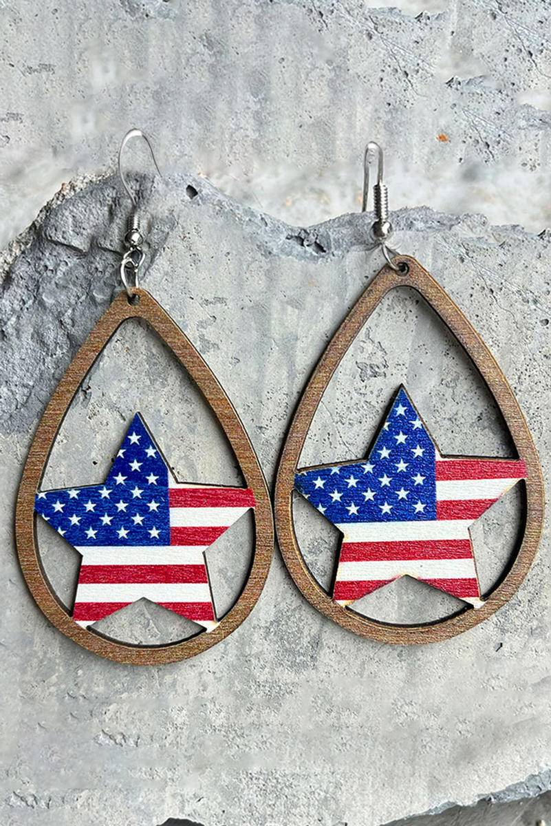 American Flag Star Shape Hollowed Wood Drop Earrings