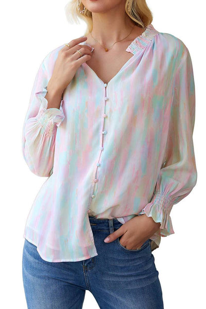 Abstract Print Frilled Buttoned Long Sleeve Shirt