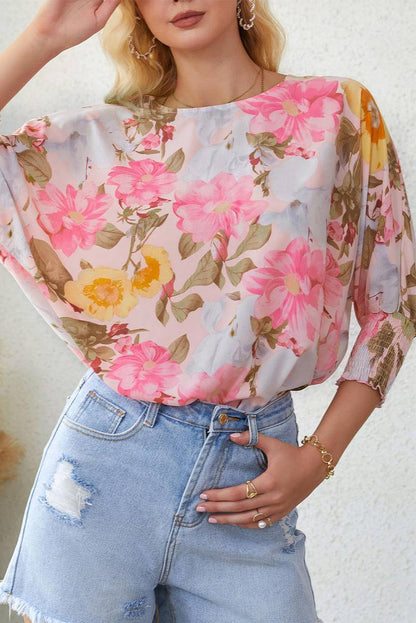 Shirred Cuff 3/4 Sleeve Loose Fit Floral Blouse