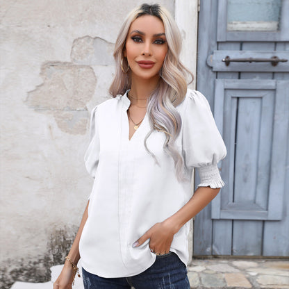 Solid Notched Smocked Puff Sleeve Blouse