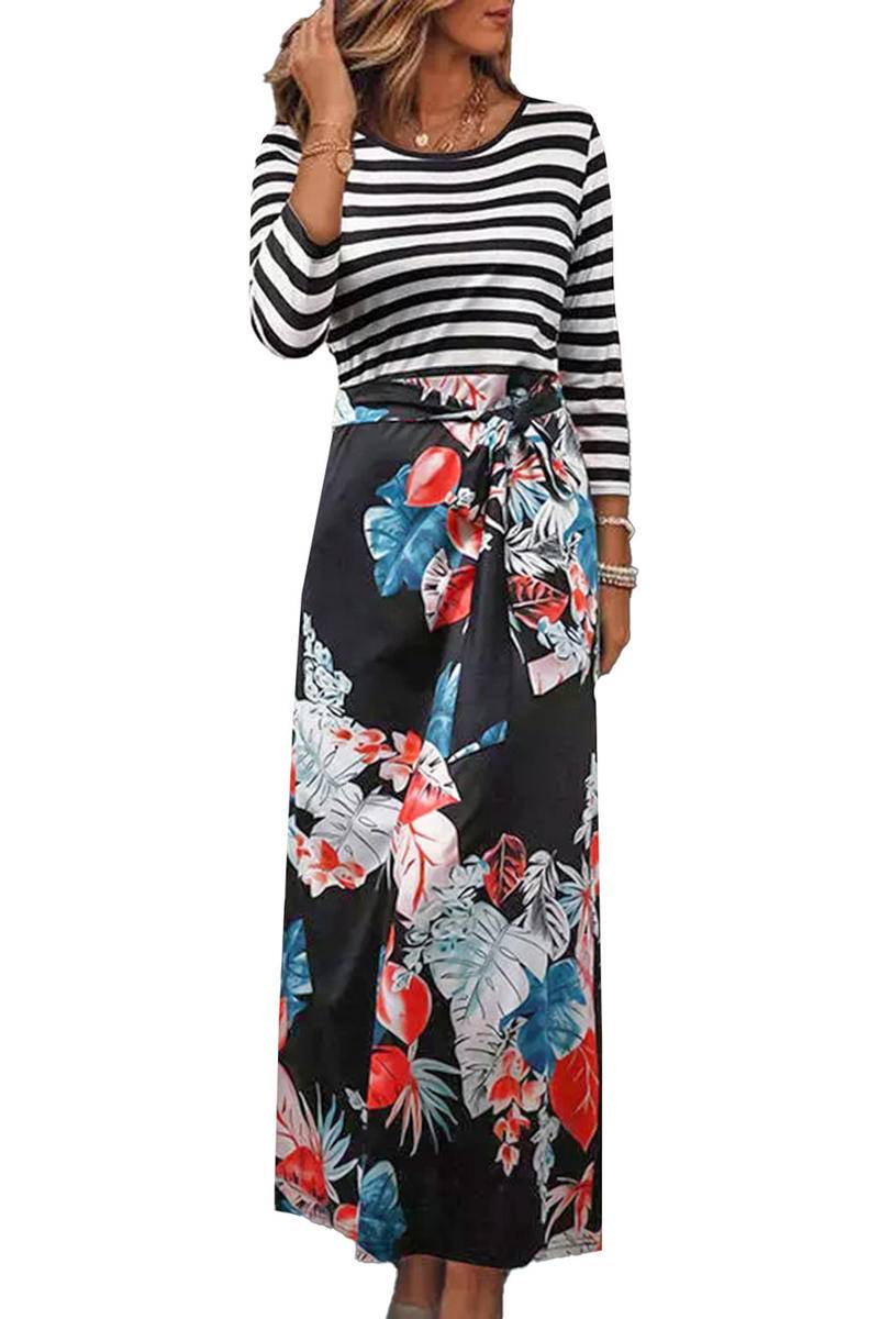Striped Floral Round Neck Long Dress