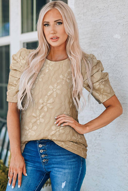 Floral Lace Ruched Bubble Sleeve Top
