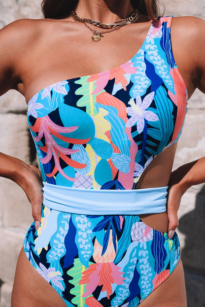 Asymmetric Cutout Belted Printed One-Piece Swimwear