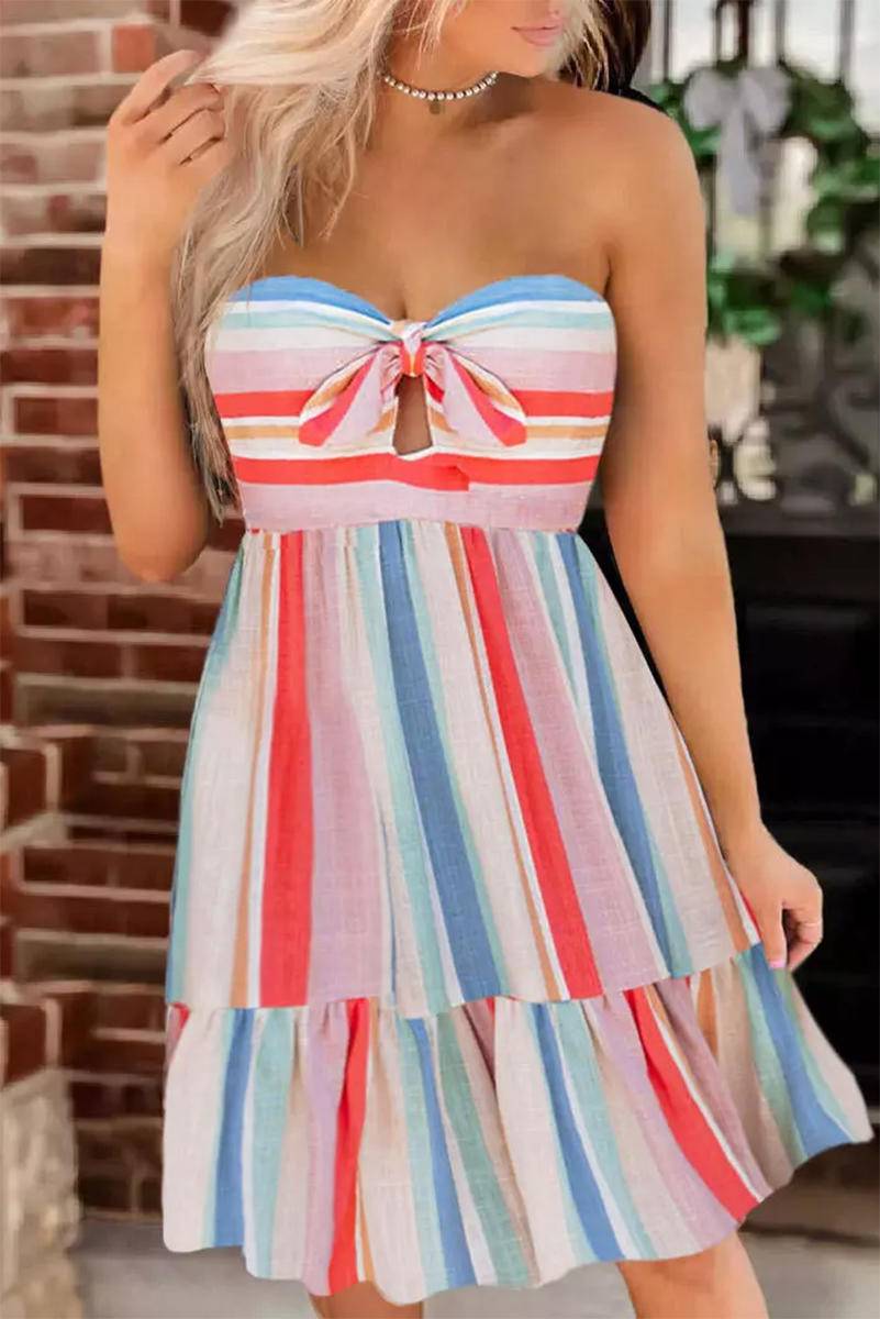 Multicolor Striped Print Knotted Cutout Sleeveless Dress