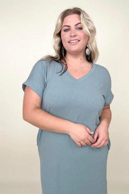 Zenana Rolled Short Sleeve V-Neck Tee Shirt Dress with Pockets