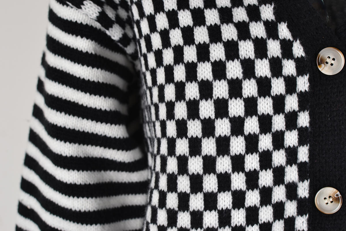 Striped Contrast Checkerboard Button Down Short Cardigan