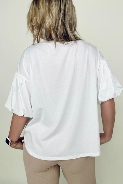 White Bubble Sleeve Round Neck Tee Shirt