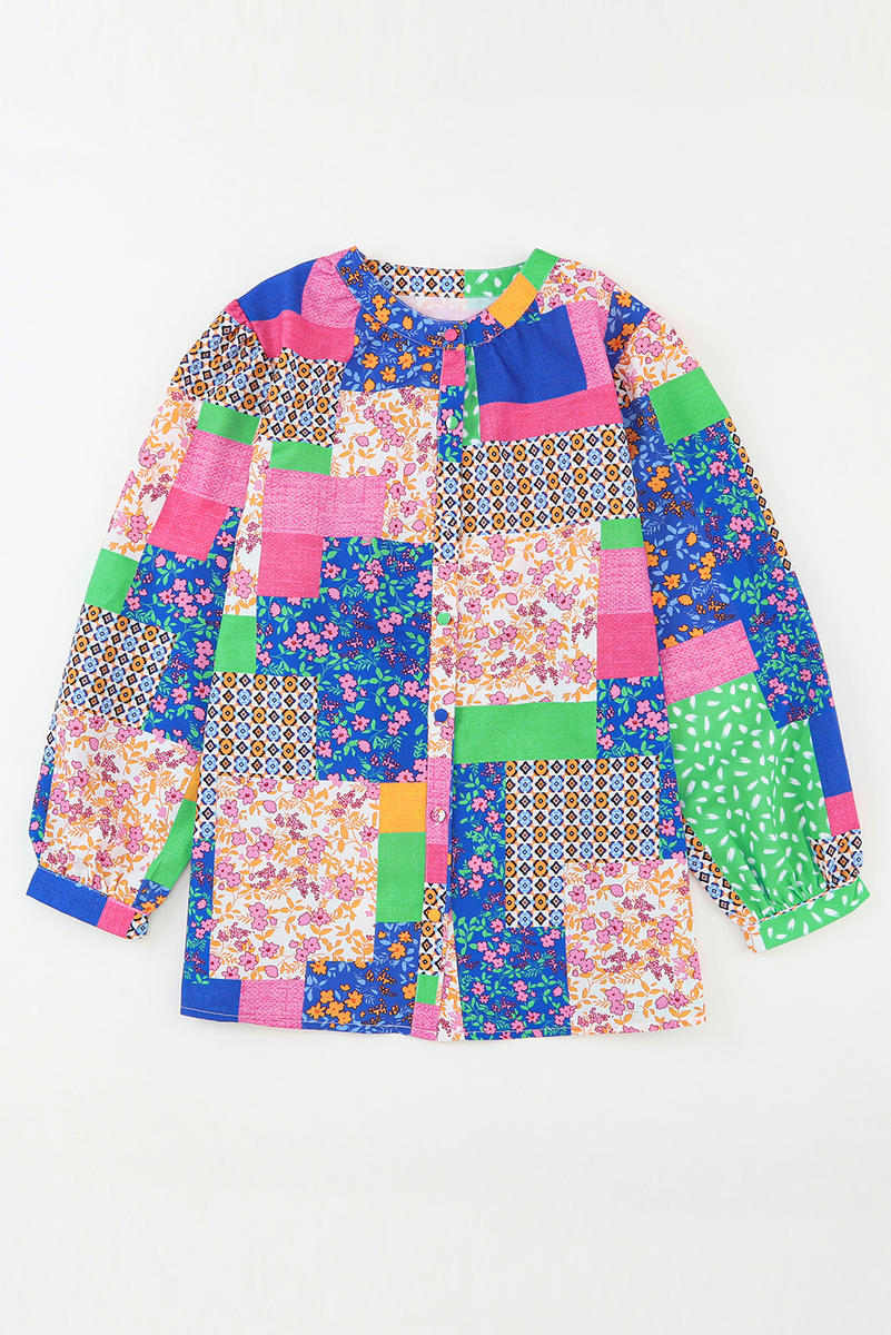 Floral Patchwork Print Buttoned Puff Sleeve Shirt