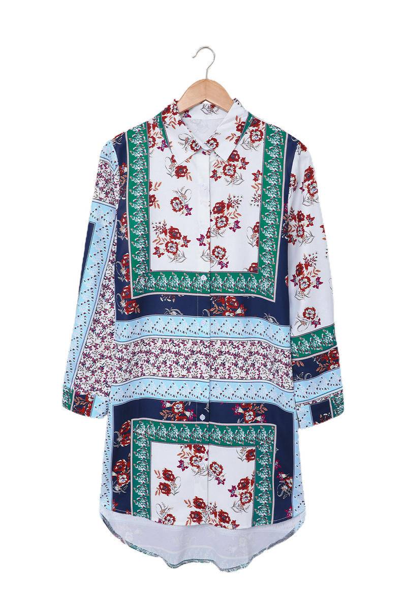 Floral Colorblock Long Sleeve Button Shirt Dress