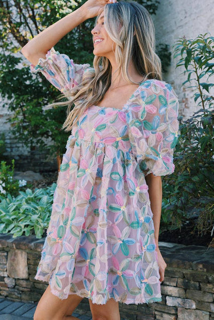 Square Neck Puff Sleeve Sequin Floral Dress