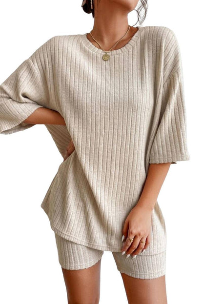 Plain Ribbed Loose Fit Two Piece Lounge Set