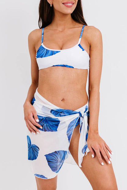 Tropical Leaf Print Bikini Swimsuit With Beach Skirt
