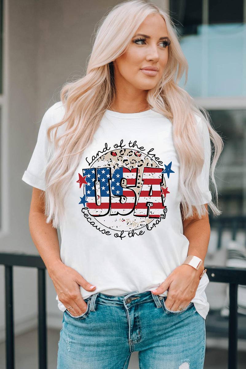 USA Flag Slogan Graphic Print Short Sleeve T Shirt