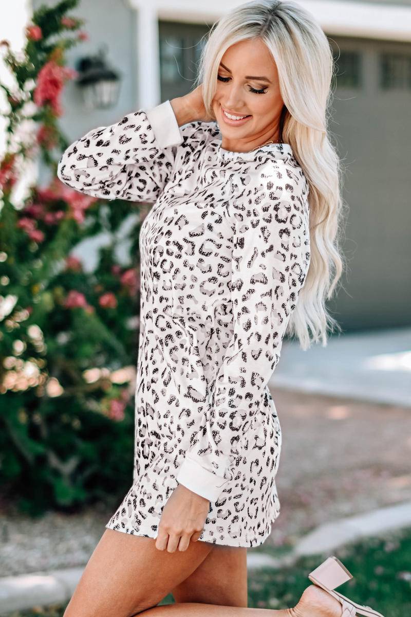 Round Neck Long Sleeve Leopard Print Mini Dress