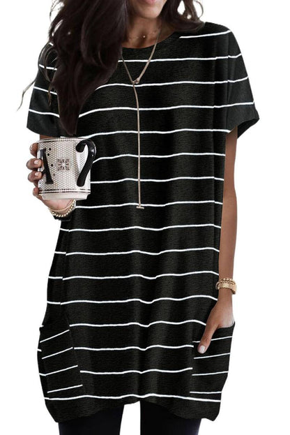 Striped Print Side Pockets Short Sleeve Tunic Top