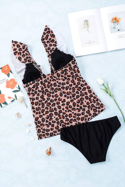 Ruffled Leopard Tankini Top And Solid Color Panty Set