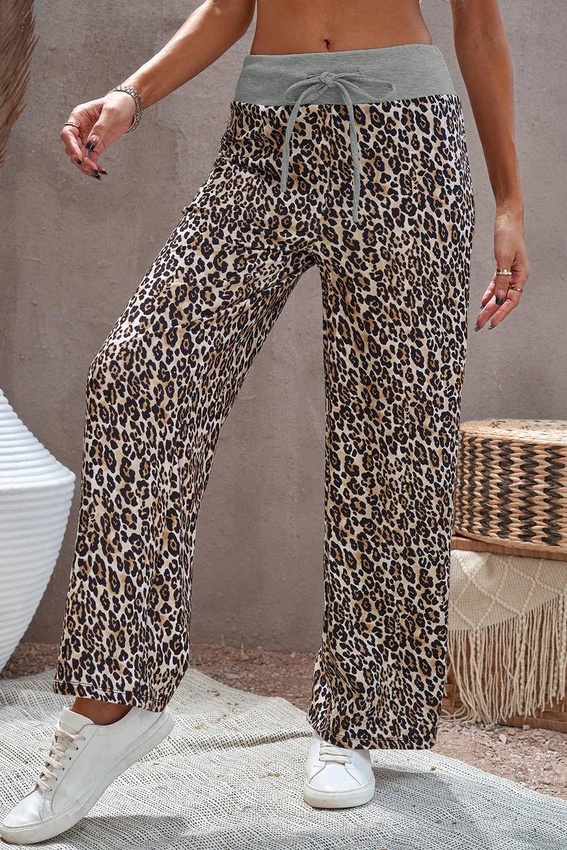 Leopard Print Drawstring Waist Wide Leg Pants