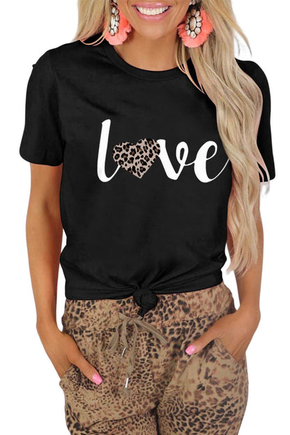 Black Love Leopard Heart Shape Print Short Sleeve T Shirt