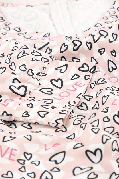 Heart Print Puff Sleeve Wrap V Neck Mini Dress