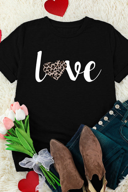 Black Love Leopard Heart Shape Print Short Sleeve T Shirt