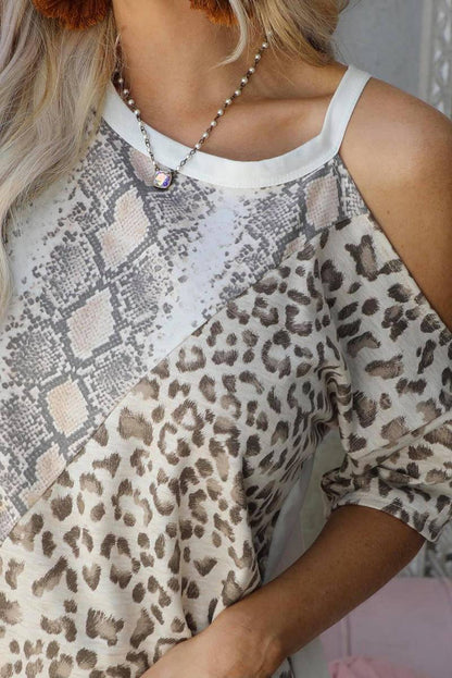 Snakeskin Leopard Color Block Cold Shoulder Short Sleeve T-Shirt