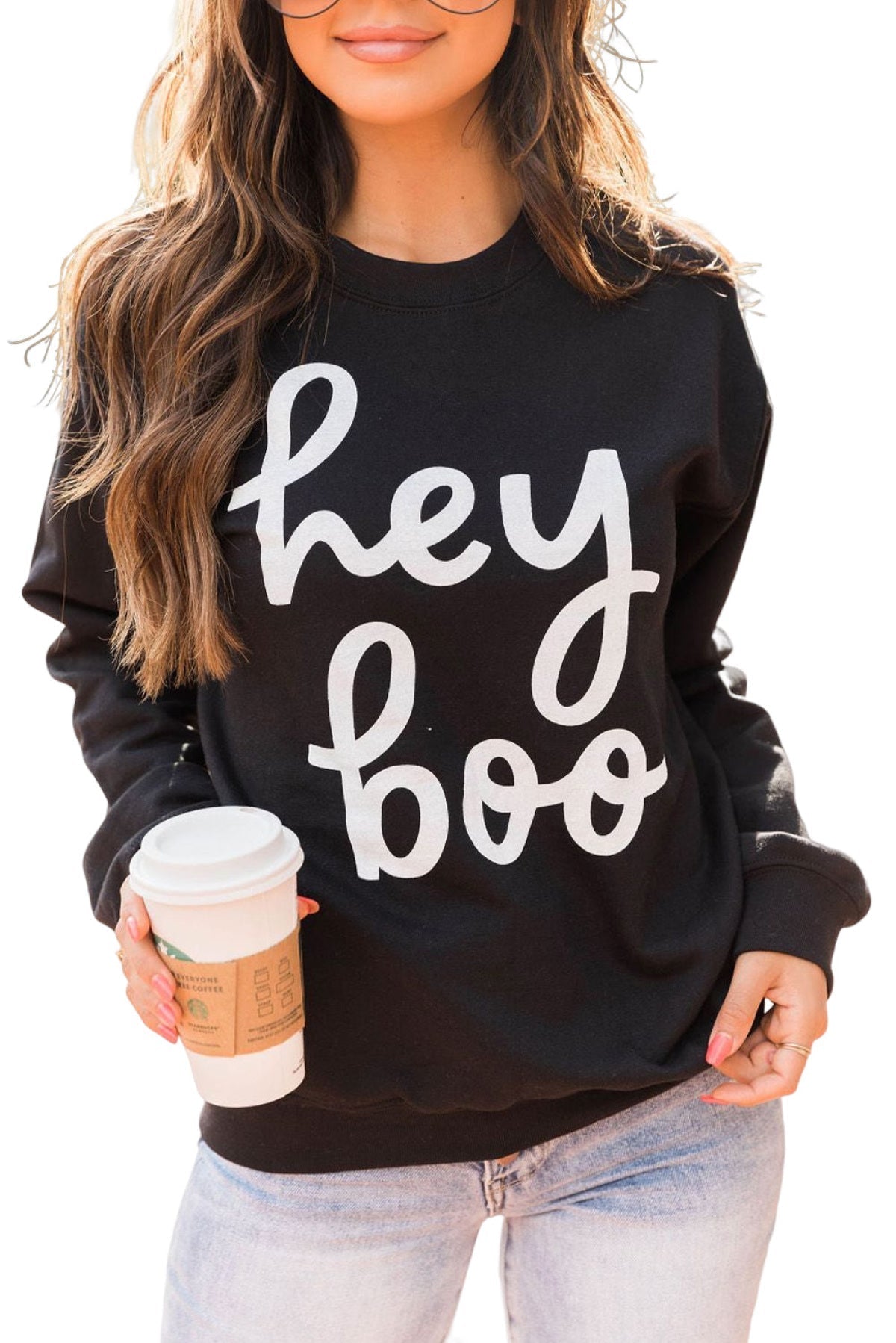 Black Hey Boo Letter Print Long Sleeve Pullover Sweatshirt