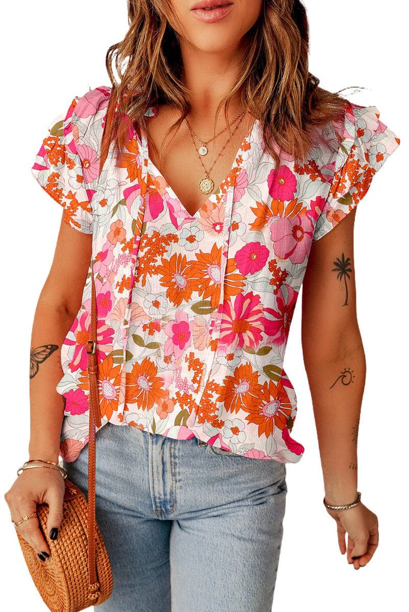 Notched V Neck Ruffle Sleeve Floral Blouse
