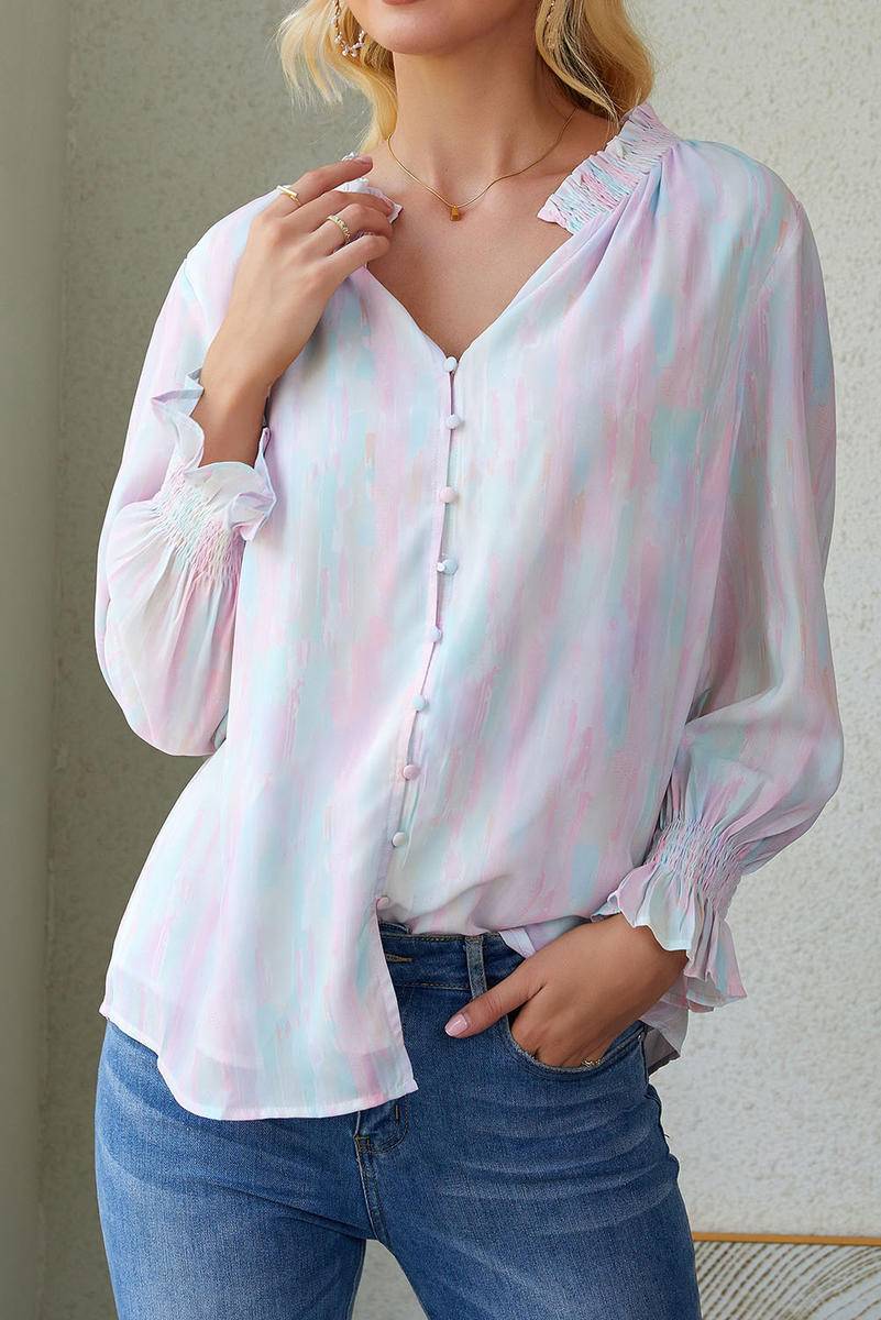 Abstract Print Frilled Buttoned Long Sleeve Shirt