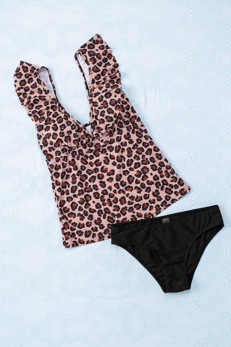 Ruffled Leopard Tankini Top And Solid Color Panty Set