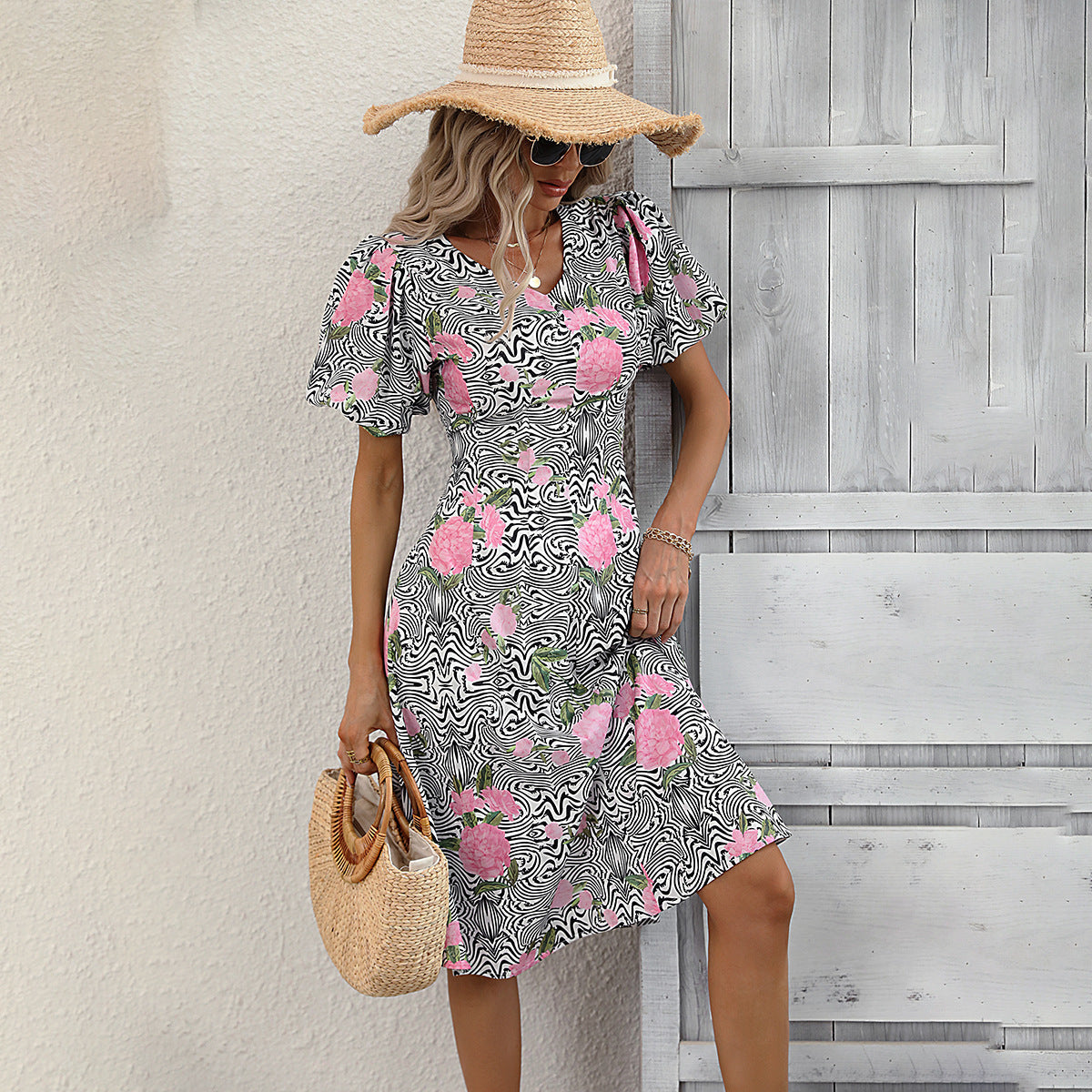 Floral Abstract Print Puff Sleeve Dress