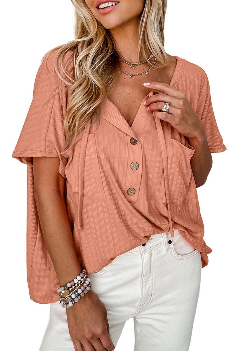 Notched V Neck Buttoned Front Textured Top