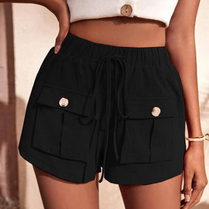 Buttons Drawstring Elastic Waist Shorts With Pockets