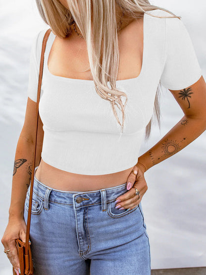 Solid Ribbed Knit Square Neck Short Sleeve Crop Top