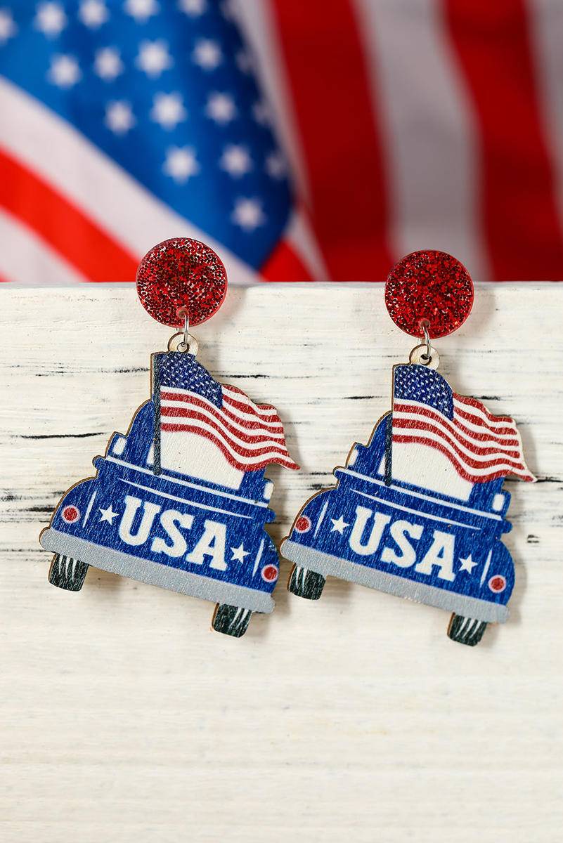 USA Flag Car Shape Wood Dangle Earrings