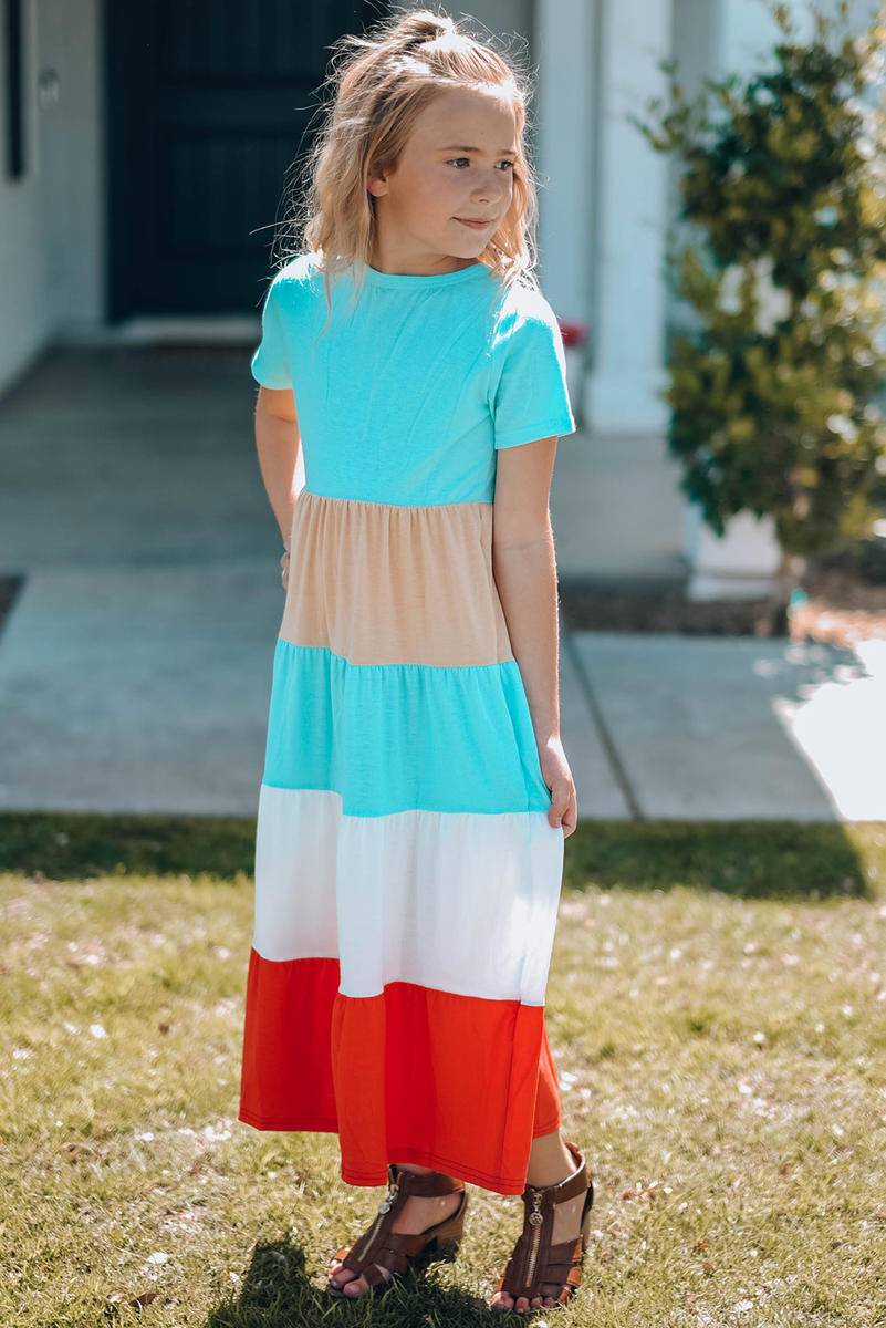 Short Sleeve Color Block Kids' Maxi Dress