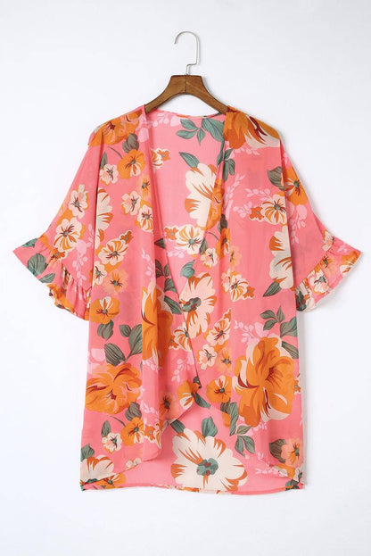 Loose Floral Print Ruffled 3/4 Sleeve Kimono