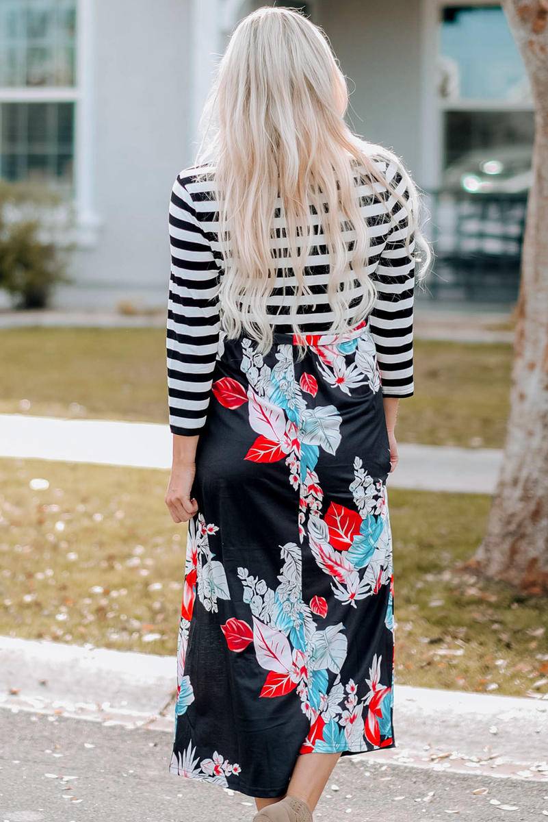 Striped Floral Round Neck Long Dress