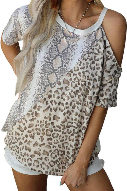Snakeskin Leopard Color Block Cold Shoulder Short Sleeve T-Shirt