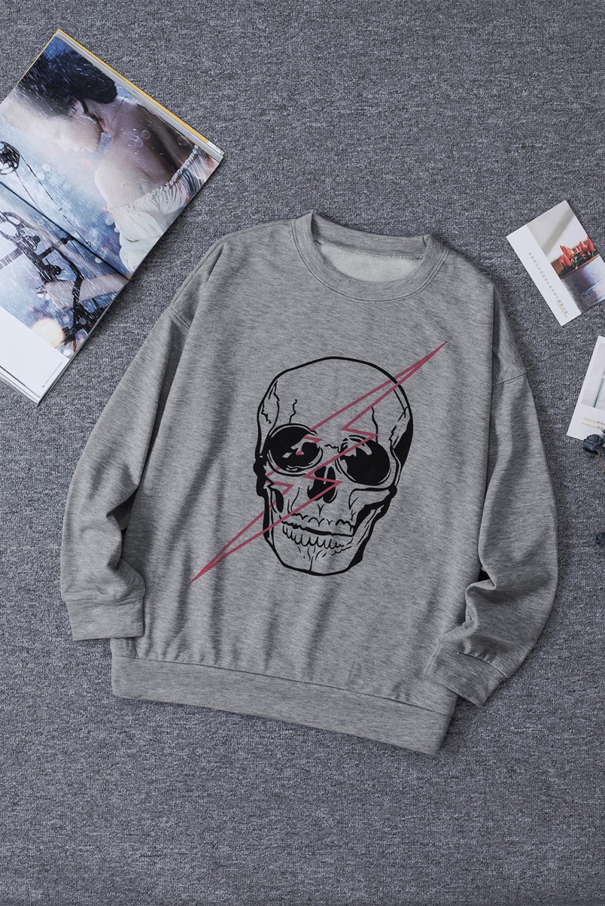 Gray Halloween Skull Graphic Sweatshirt