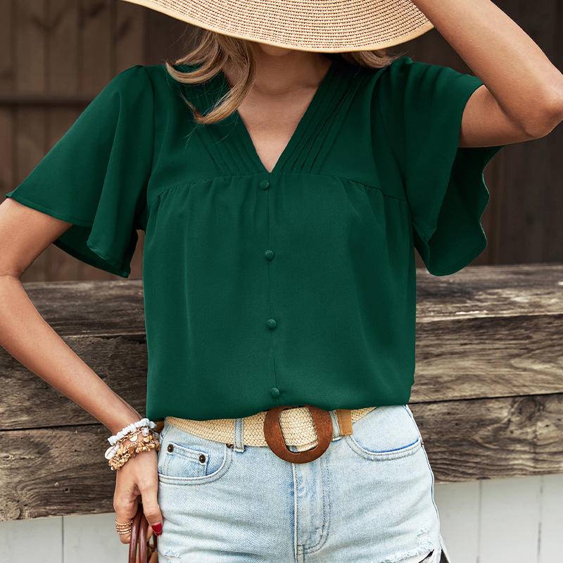 V-Neck Buttons Ruffle Sleeve Blouse